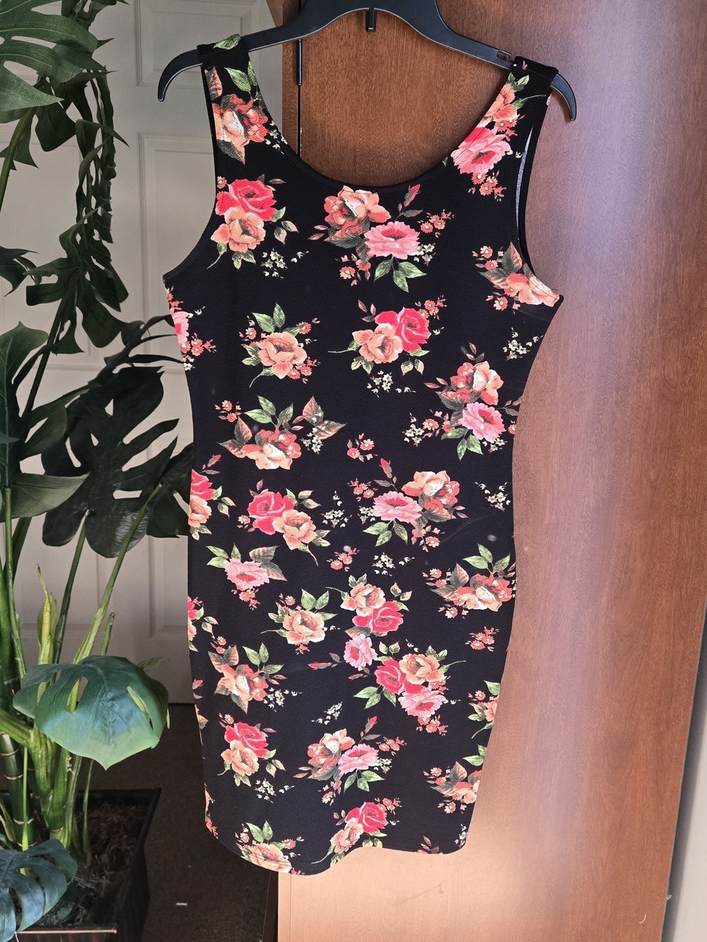 Ambiance Black Floral Mini Dress with Pink and Coral Roses